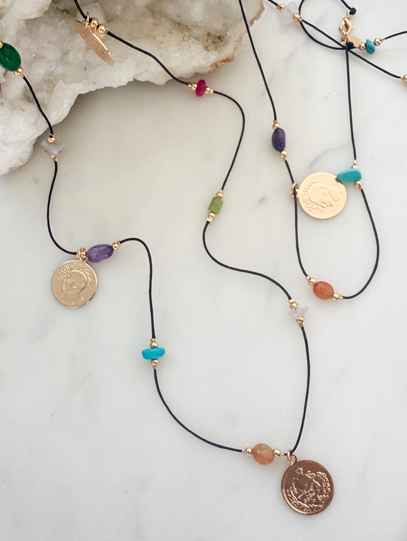 2 in 1 Natural Stones & Coin Long Necklace/Bracelet