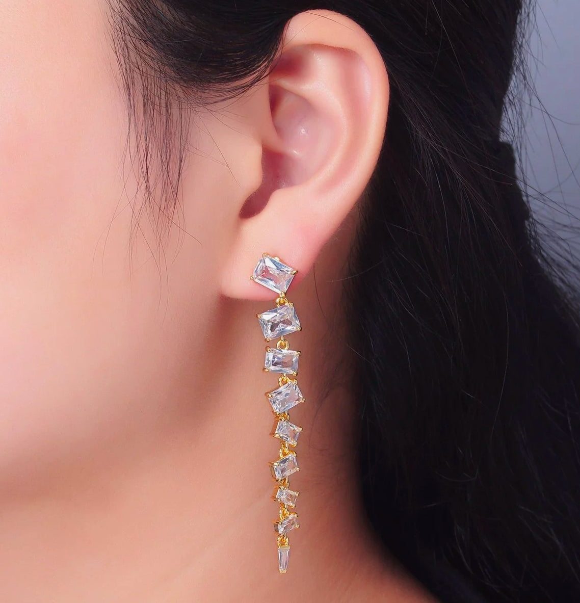 Clear Long Baguette Earrings