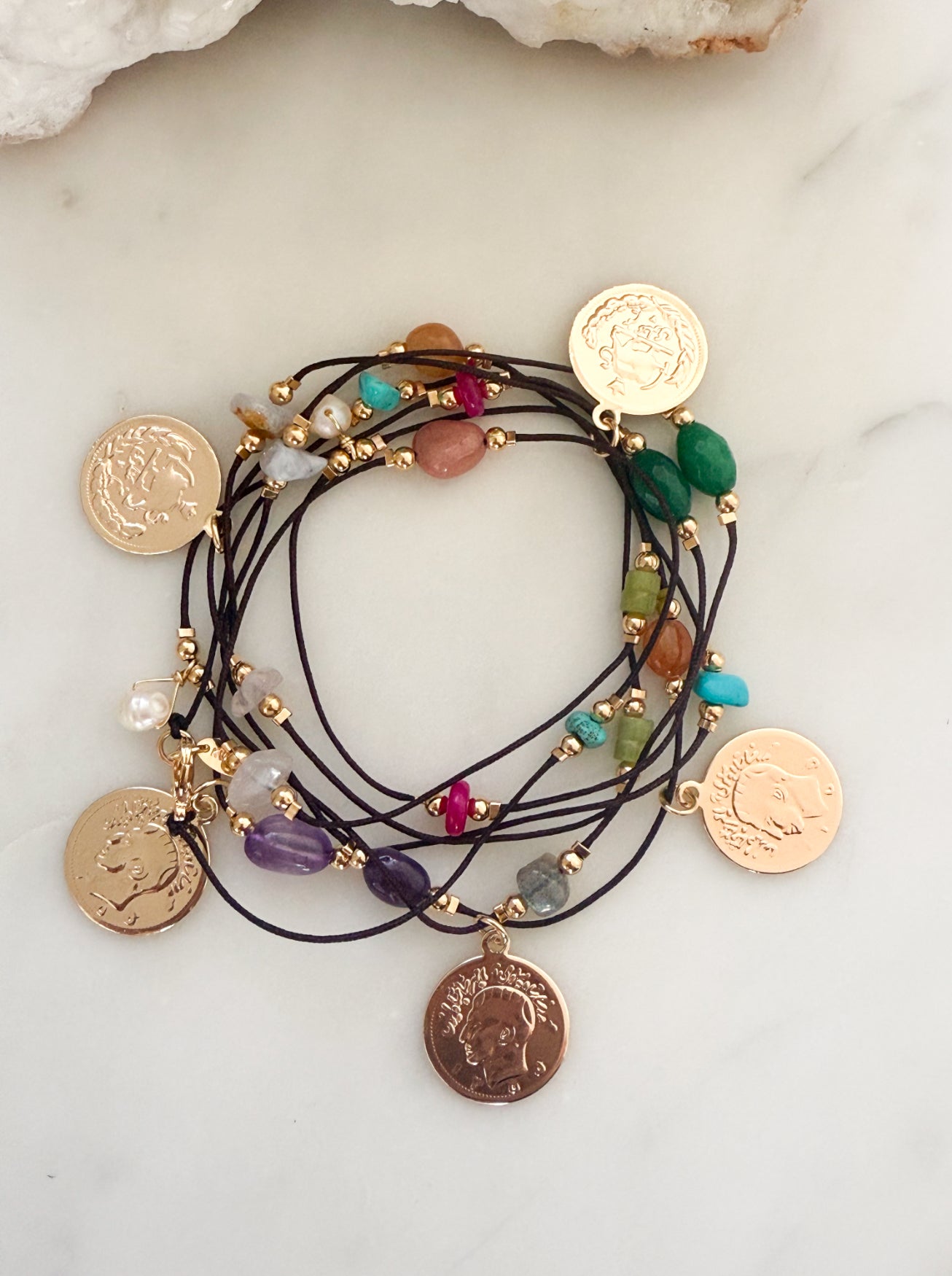 2 in 1 Natural Stones & Coin Long Necklace/Bracelet