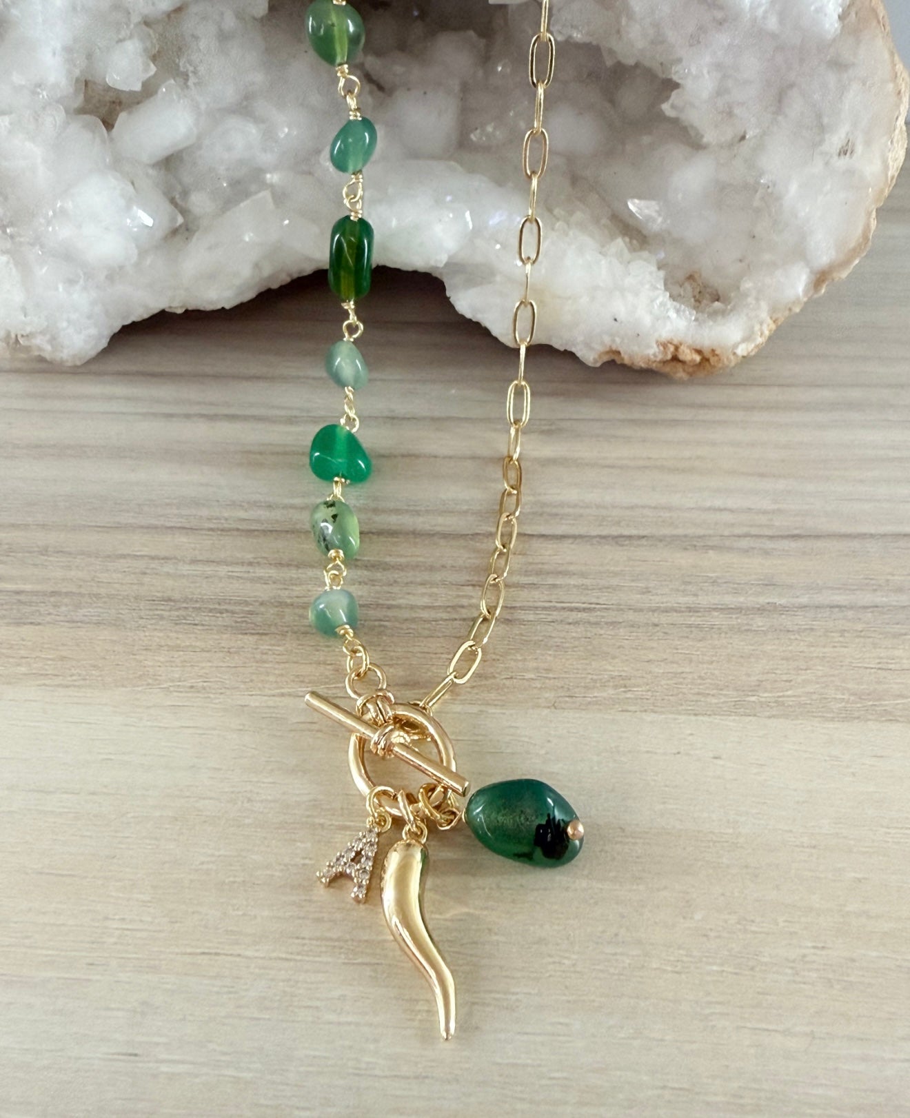 Green Agate & Letter Necklace